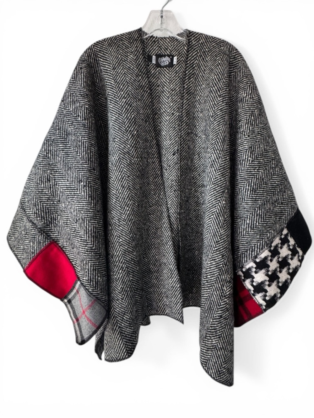 Cameleon Wool Poncho Herringbone with Red & Houndstooth Patchwork